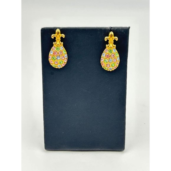 Vintage Signed Joan Rivers Eggs Earrings Pastel Rhinestones Golden Fleur De Lis - Picture 2 of 5